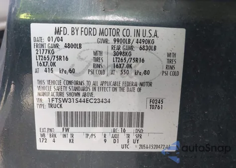 2004 Ford F-350 Lariat/Xl/Xlt from USA, damaged, VIN 1FTSW31S44EC23434